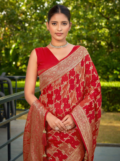 MANOHARI Banarasi Silk Blend Jacquard Work Saree - Red - Dista