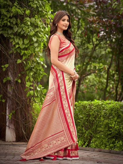 MANOHARI Banarasi Silk Blend Jacquard Work Saree - Beige - Dista