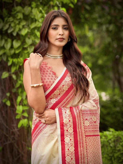 MANOHARI Banarasi Silk Blend Jacquard Work Saree - Beige - Dista
