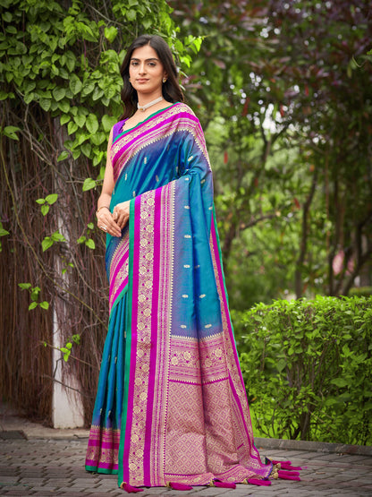 MANOHARI Banarasi Silk Blend Jacquard Work Saree - Blue - Dista