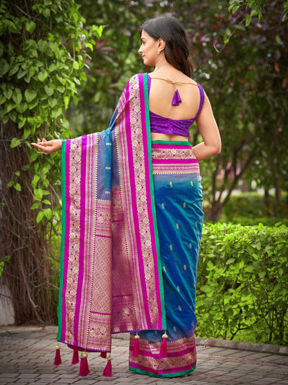 MANOHARI Banarasi Silk Blend Jacquard Work Saree - Blue - Dista