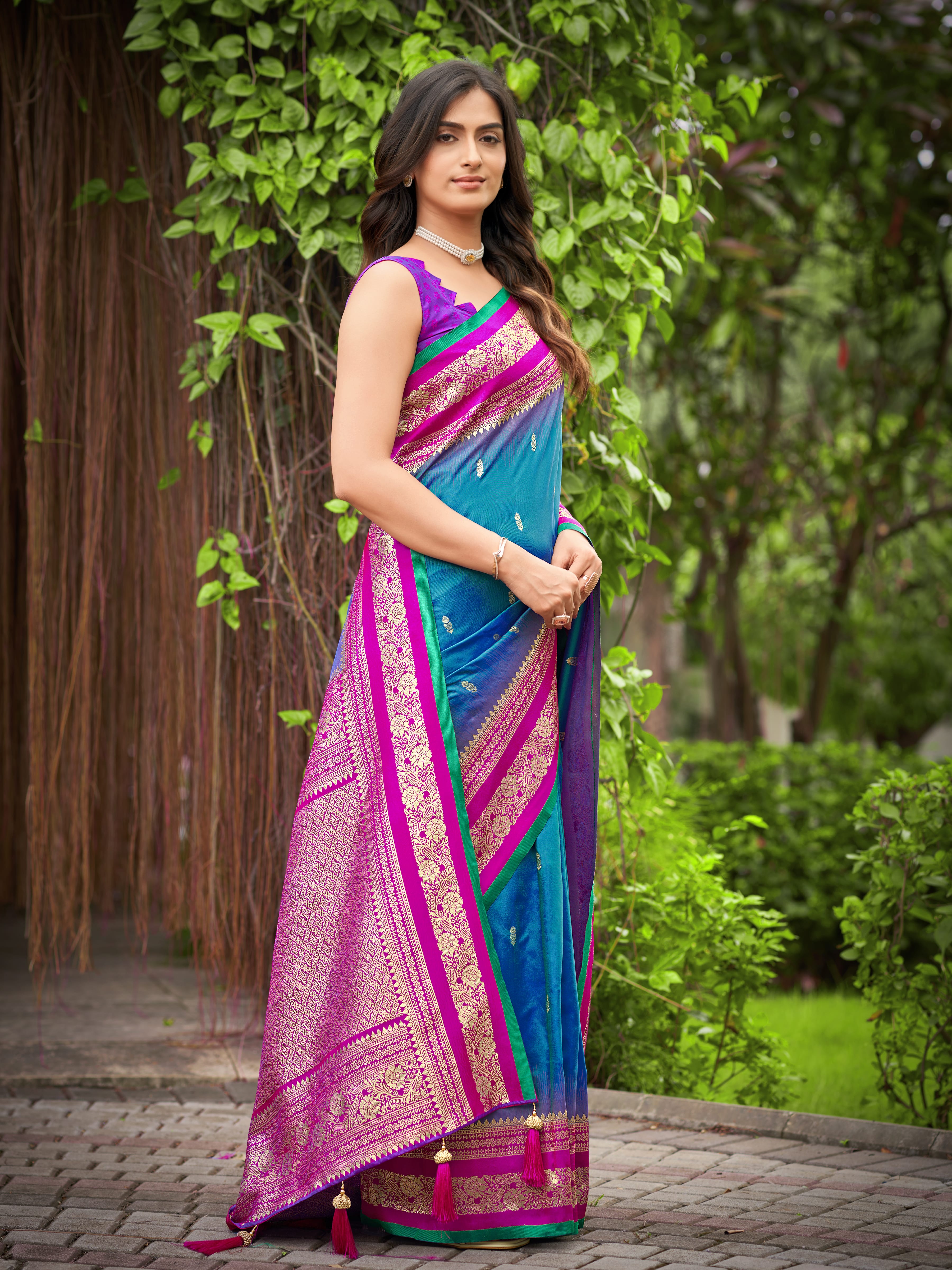 MANOHARI Banarasi Silk Blend Jacquard Work Saree - Blue - Dista