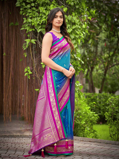MANOHARI Banarasi Silk Blend Jacquard Work Saree - Blue - Dista