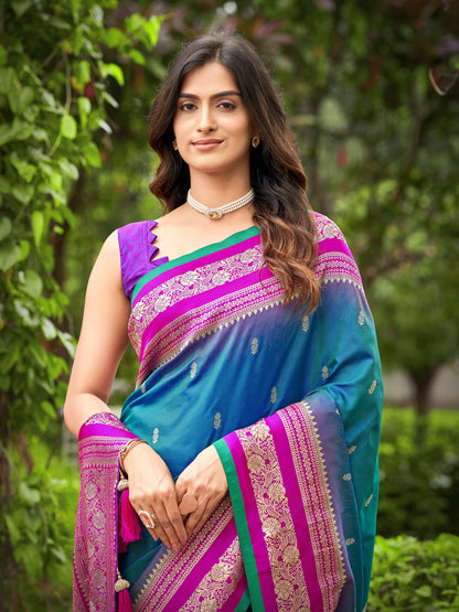 MANOHARI Banarasi Silk Blend Jacquard Work Saree - Blue - Dista