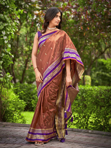 MANOHARI Banarasi Silk Blend Jacquard Work Saree - Brown - Dista
