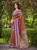 Thumbnail for MANOHARI Banarasi Silk Blend Jacquard Work Saree - Brown - Dista