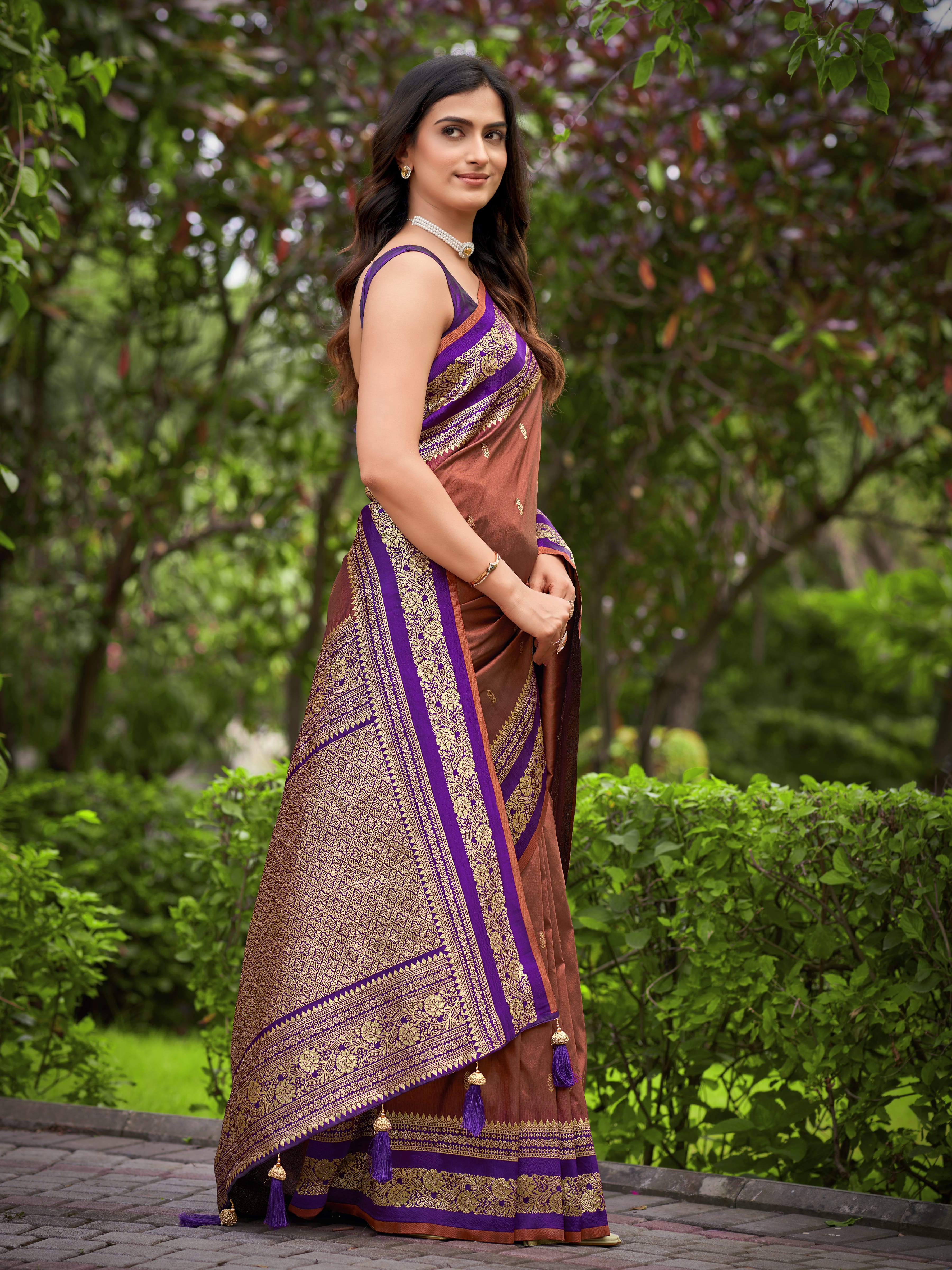 MANOHARI Banarasi Silk Blend Jacquard Work Saree - Brown - Dista