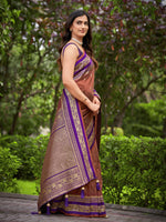 Thumbnail for MANOHARI Banarasi Silk Blend Jacquard Work Saree - Brown - Dista