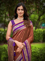 Thumbnail for MANOHARI Banarasi Silk Blend Jacquard Work Saree - Brown - Dista