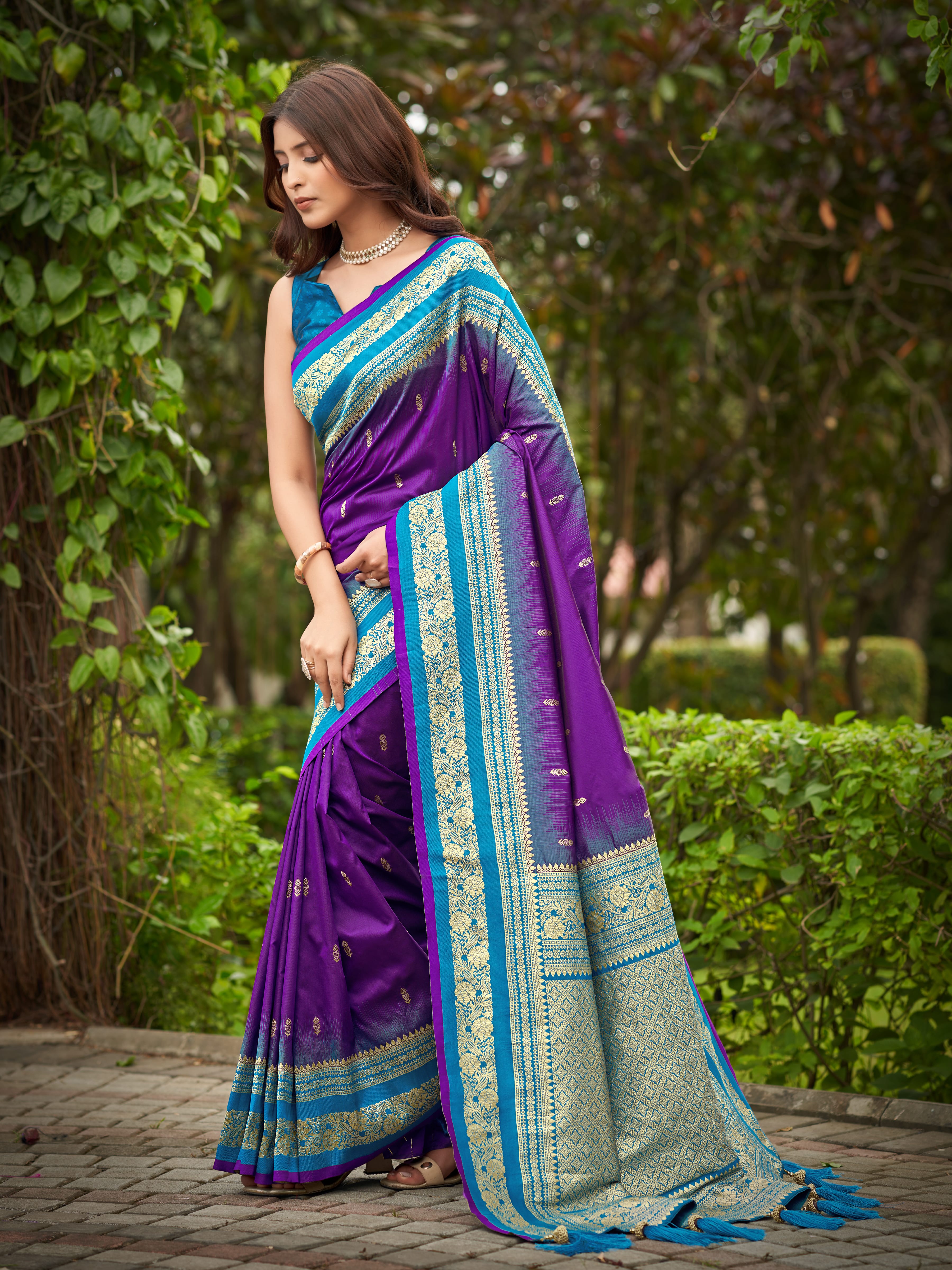 MANOHARI Banarasi Silk Blend Jacquard Work Saree - Purple - Dista