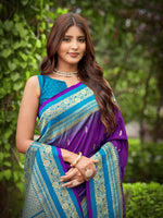 Thumbnail for MANOHARI Banarasi Silk Blend Jacquard Work Saree - Purple - Dista