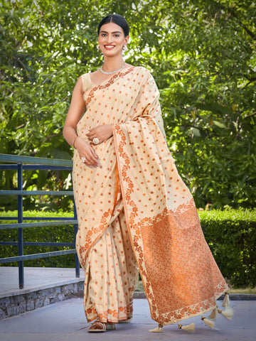 MANOHARI Banarasi Silk Blend Jacquard Work Saree - Beige - Dista