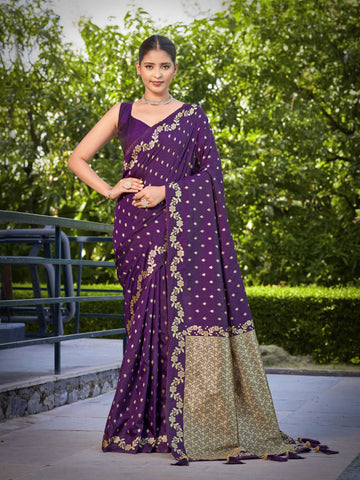 MANOHARI Banarasi Silk Blend Jacquard Work Saree - Purple - Dista