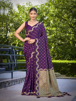 Thumbnail for MANOHARI Banarasi Silk Blend Jacquard Work Saree - Purple - Dista