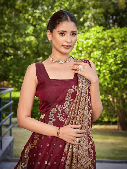 MANOHARI Banarasi Silk Blend Jacquard Work Saree - Red - Dista