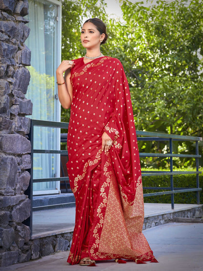 MANOHARI Banarasi Silk Blend Jacquard Work Saree - Red - Dista
