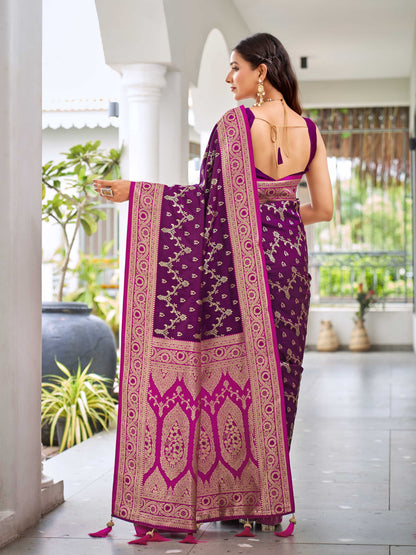 MANOHARI Banarasi Silk Blend Jacquard Work Saree - Purple - Dista