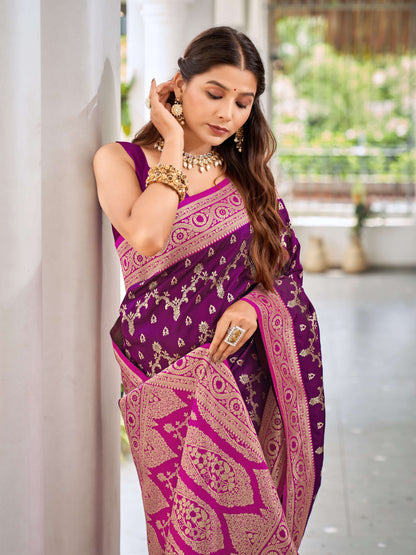MANOHARI Banarasi Silk Blend Jacquard Work Saree - Purple - Dista