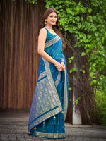 Thumbnail for MANOHARI Banarasi Silk Blend Jacquard Work Saree - Blue - Dista