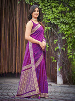 Thumbnail for MANOHARI Banarasi Silk Blend Jacquard Work Saree - Purple - Dista