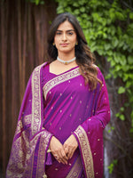 Thumbnail for MANOHARI Banarasi Silk Blend Jacquard Work Saree - Purple - Dista