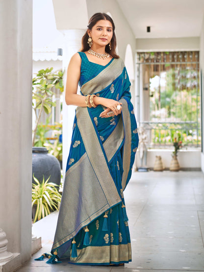 MANOHARI Banarasi Silk Blend Jacquard Work Saree - Blue - Dista