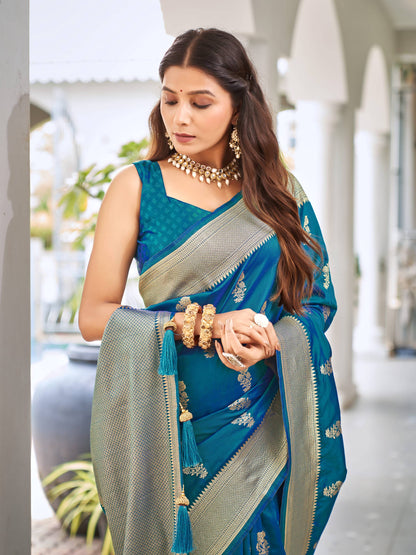 MANOHARI Banarasi Silk Blend Jacquard Work Saree - Blue - Dista