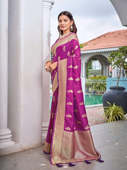 MANOHARI Banarasi Silk Blend Jacquard Work Saree - Purple - Dista