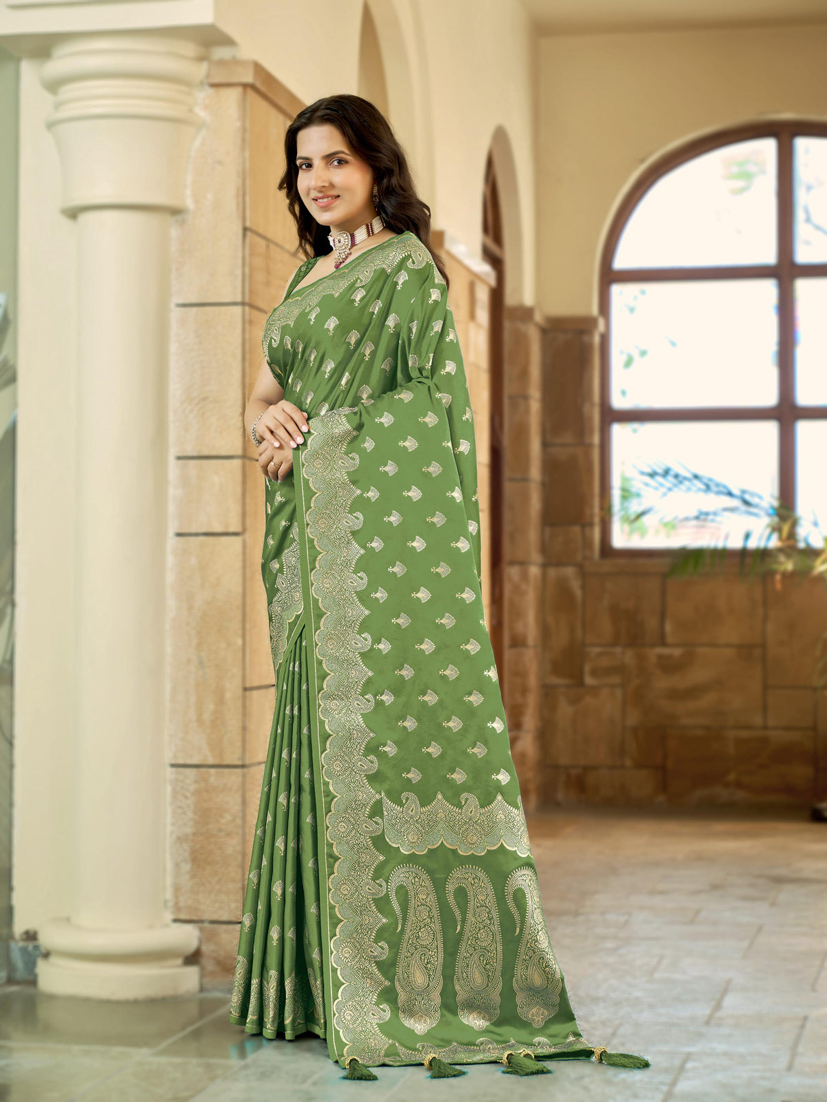 Manohari Women's Green Soft Satin Silk Blend Woven Saree with Silver Zari Paisley Border