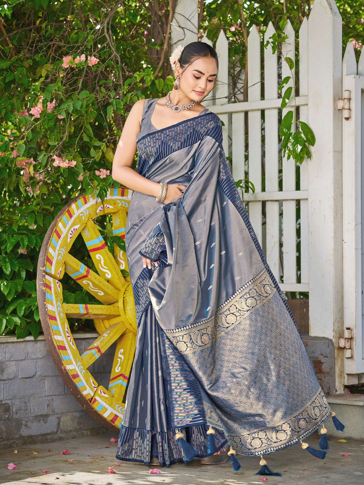 Manohari Women's Steel Grey Silk Blend Banarasi Jacquard Woven Saree with Rich Zari Border & Tassels