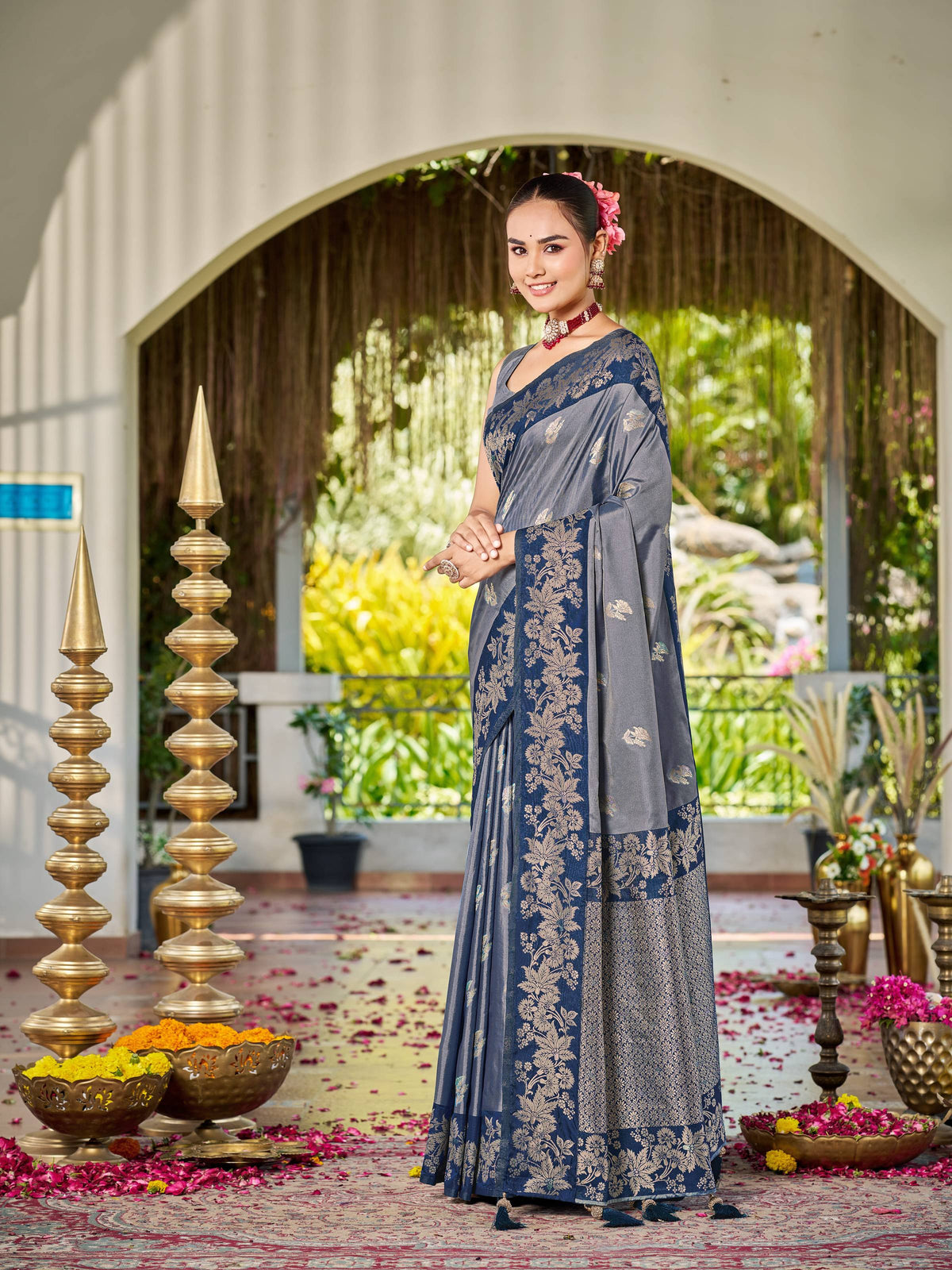 Manohari Women's Steel Grey Silk Blend Banarasi Jacquard Woven Saree with Rich Navy Blue Zari Border & Tassels