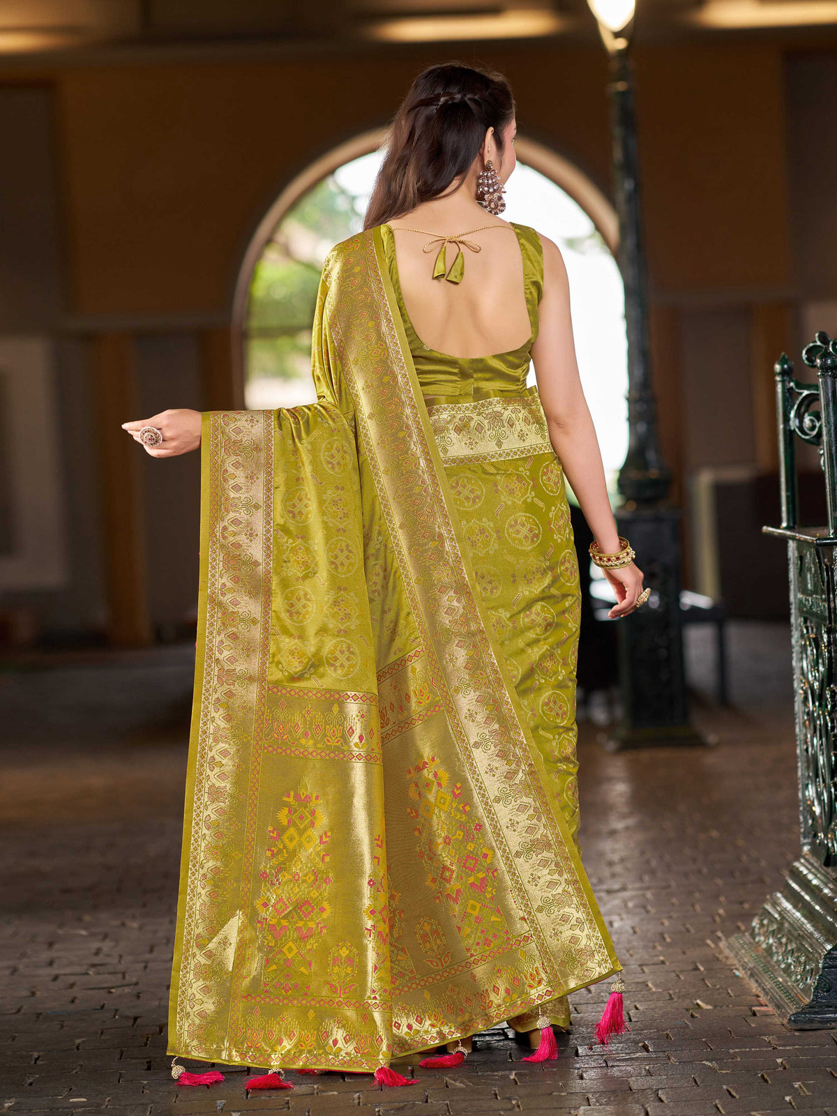 Manohari Olive Green Patola Satin Silk Saree with Woven Zari Border Tassels