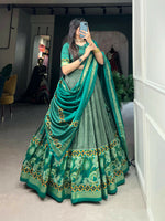 Thumbnail for Vastranavya Floral Print With Foil Print Tussar Silk Lehenga with Unstitched Blouse - Sea Green - Distacart