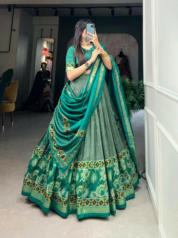Vastranavya Floral Print With Foil Print Tussar Silk Lehenga with Unstitched Blouse - Sea Green - Distacart