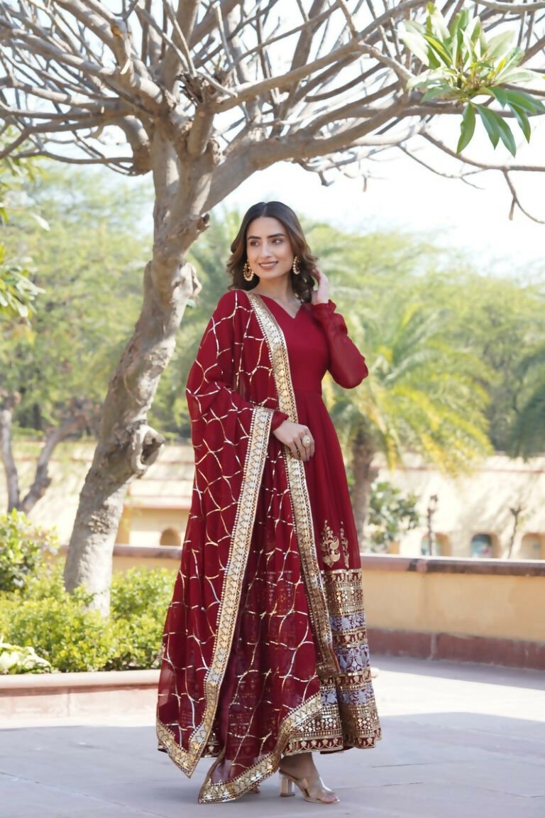 Aastha Fashion Women's Maroon Faux Georgette Sequins Embroidered Anarkali Dress with Dupatta - Distacart