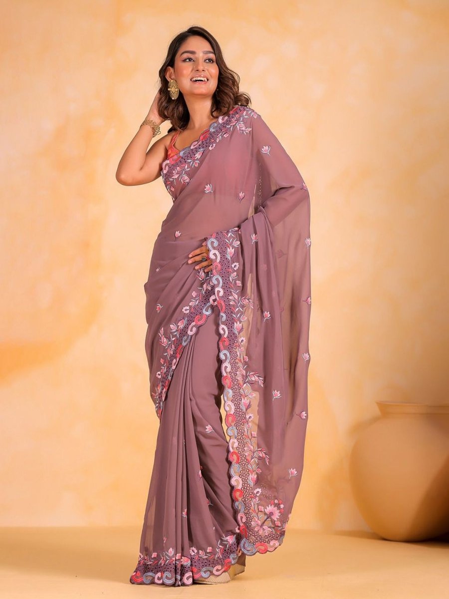 Anouk Floral Embroidered Pure Georgette Saree - Distacart