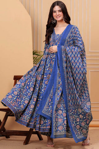 Divine Drape Women's Roman Slub Printed Anarkali Kurta Pant With Dupatta - Blue