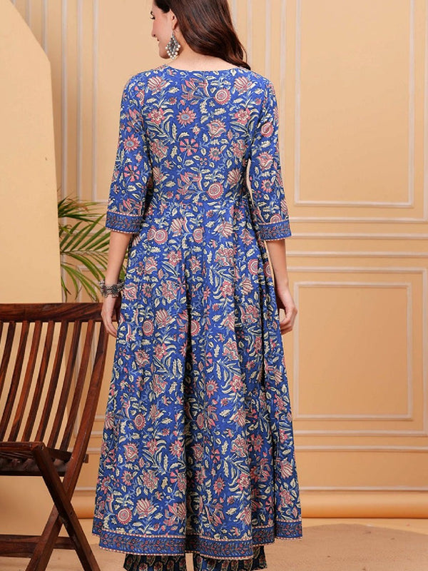Divine Drape Women's Roman Slub Printed Anarkali Kurta Pant With Dupatta - Blue