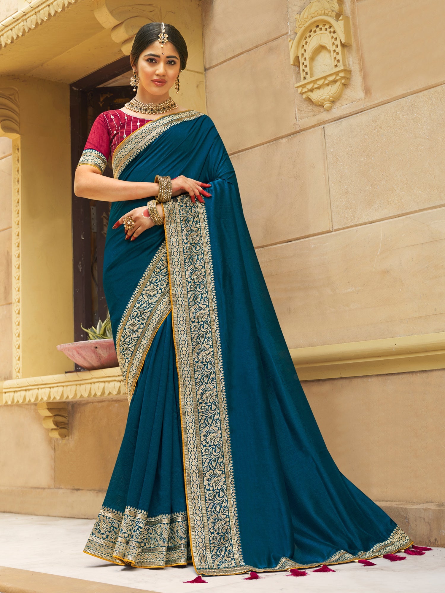 NOZ2TOZ Women's Vichitra Silk Pink Woven Design Designer Saree With Blouse Piece - Distacart