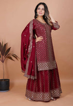 Thumbnail for Teeya Creation Maroon Color Chinon Silk Embroidery Work Palazzo Set - Distacart