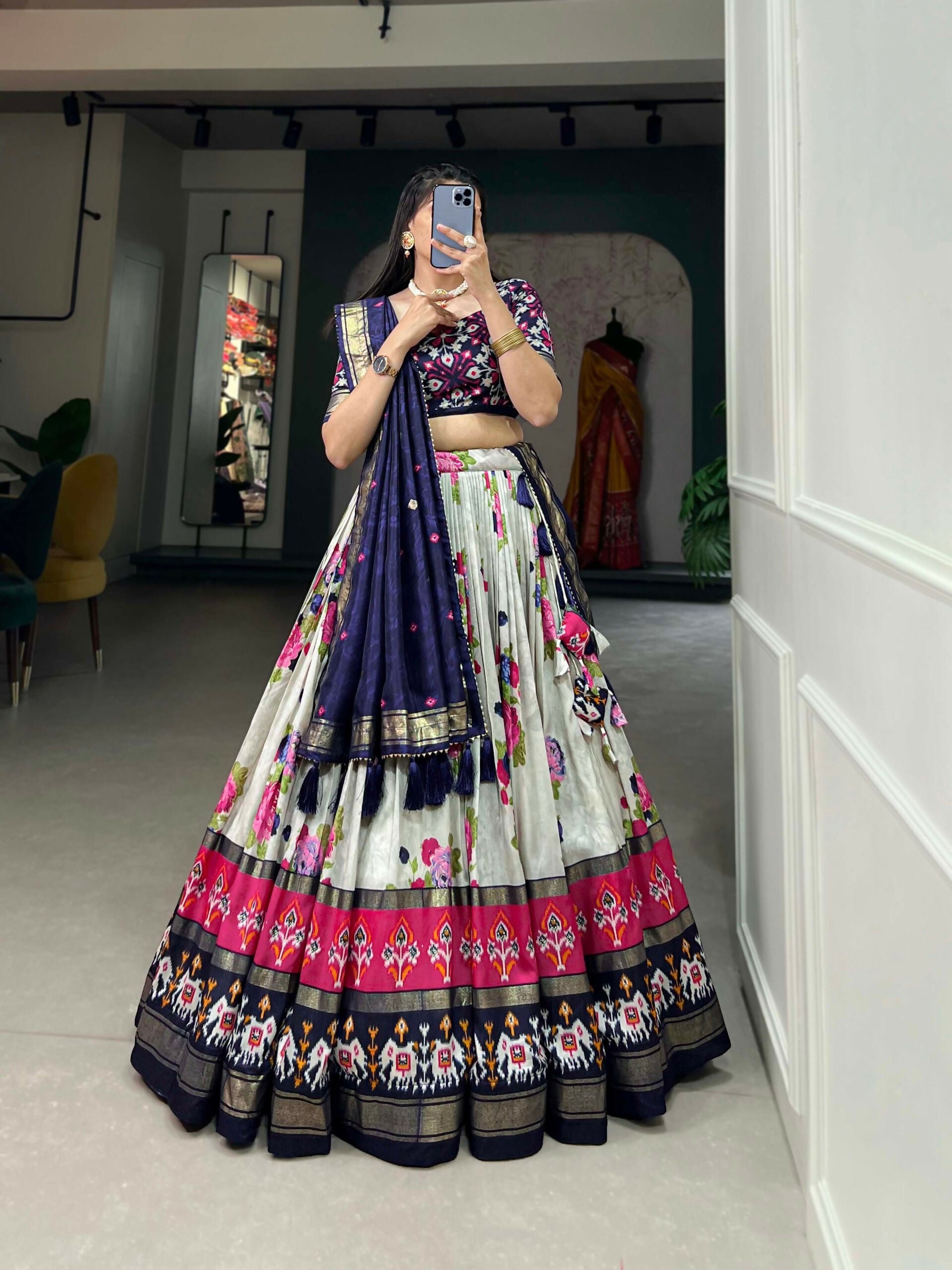 Vastranavya Floral And Patola Print With Foil Work Lehenga with Unstitched Blouse - Navy Blue - Distacart