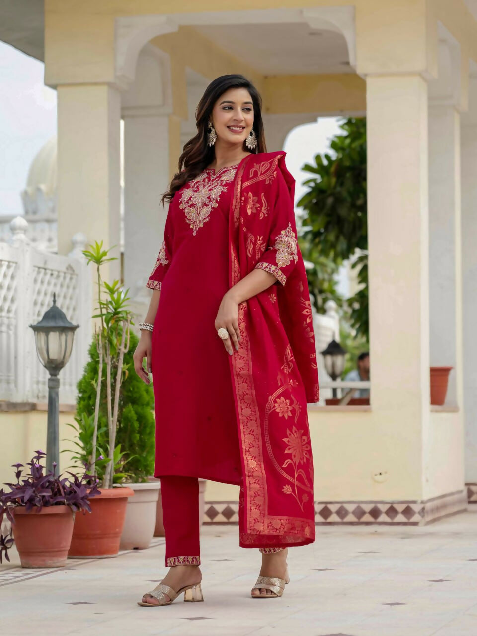 Preksha Creation Wedding Special Premium Roman Silk Coding Embroidery With Sequins Work Kurti Dupatta With Pant