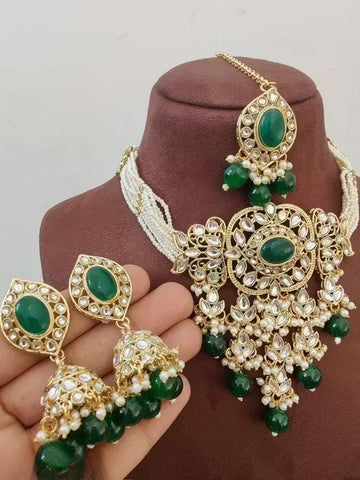 Jewel City Traditional Kundan Beaded Necklace Set for Women Gold-Plated Bridal Choker with Earrings & Tikka Ethnic Indian Jewelry - Distacart