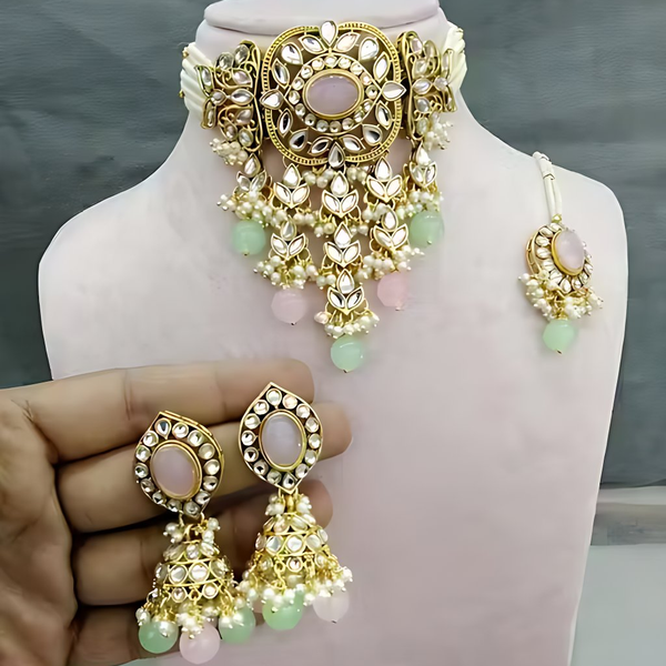 Jewel City Traditional Kundan Beaded Necklace Set for Women Gold-Plated Bridal Choker with Earrings & Tikka Ethnic Indian Jewelry - Distacart