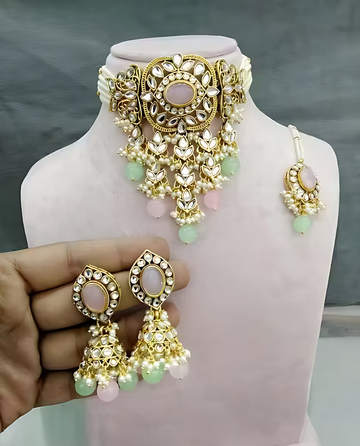 Jewel City Traditional Kundan Beaded Necklace Set for Women Gold-Plated Bridal Choker with Earrings & Tikka Ethnic Indian Jewelry - Distacart