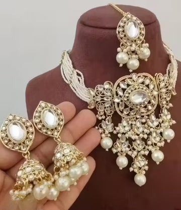 Jewel City Traditional Kundan Beaded Necklace Set for Women Gold-Plated Bridal Choker with Earrings & Tikka Ethnic Indian Jewelry - Distacart