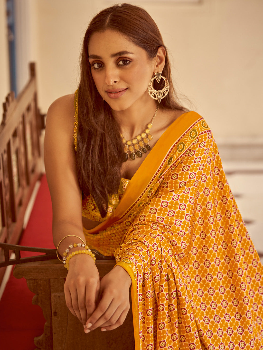 NOZ2TOZ Women's Crepe Mustard Printed Designer Saree With Blouse Piece - Distacart