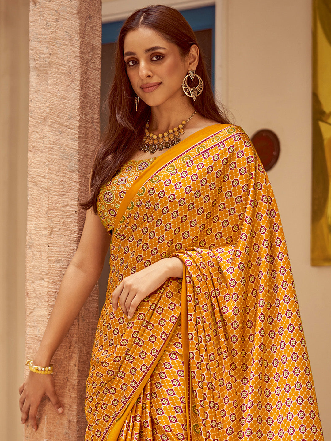 NOZ2TOZ Women's Crepe Mustard Printed Designer Saree With Blouse Piece - Distacart