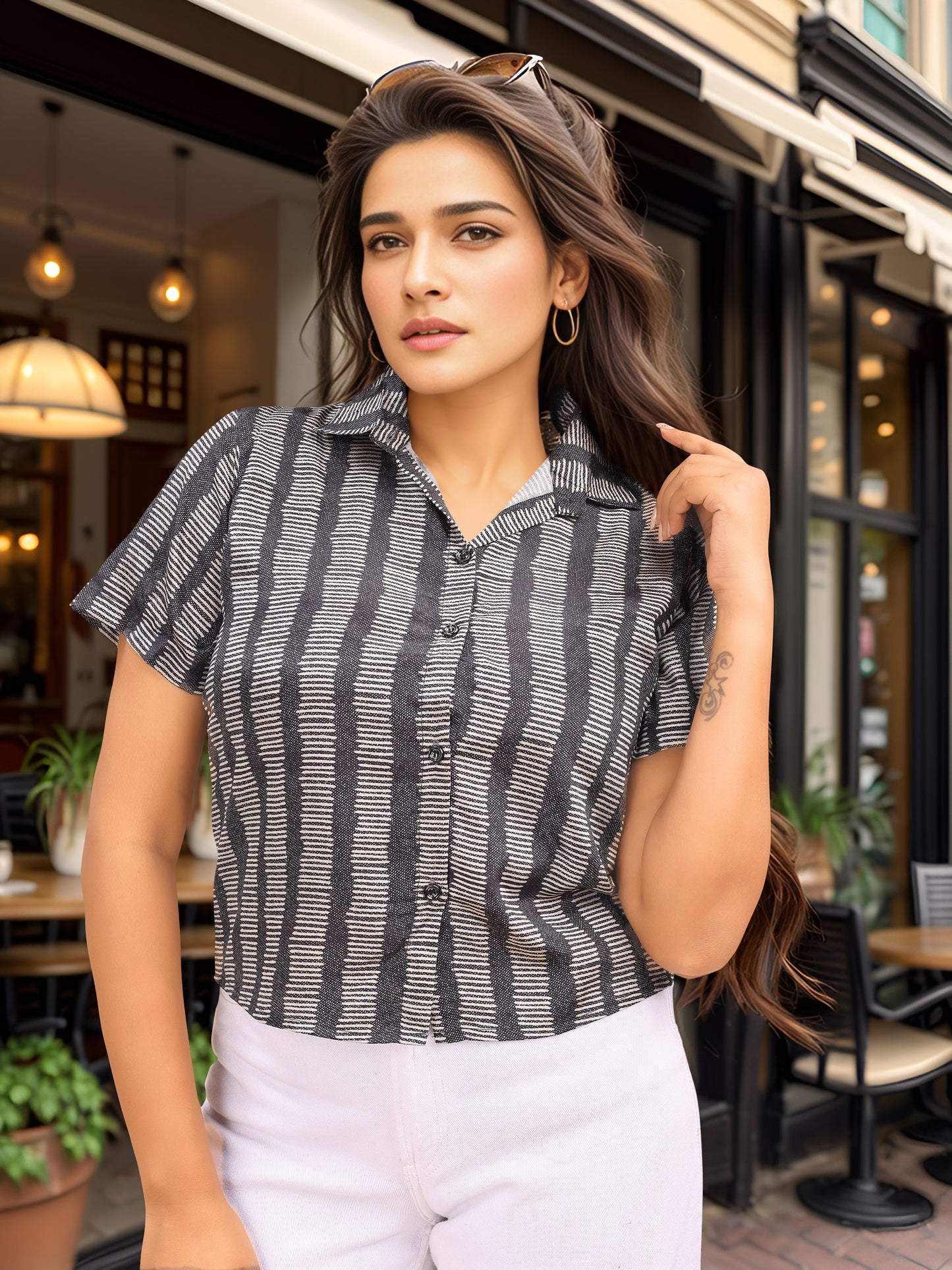 Hypnotex Position Digital Print With Position Crepe Shirt-Black - Dista