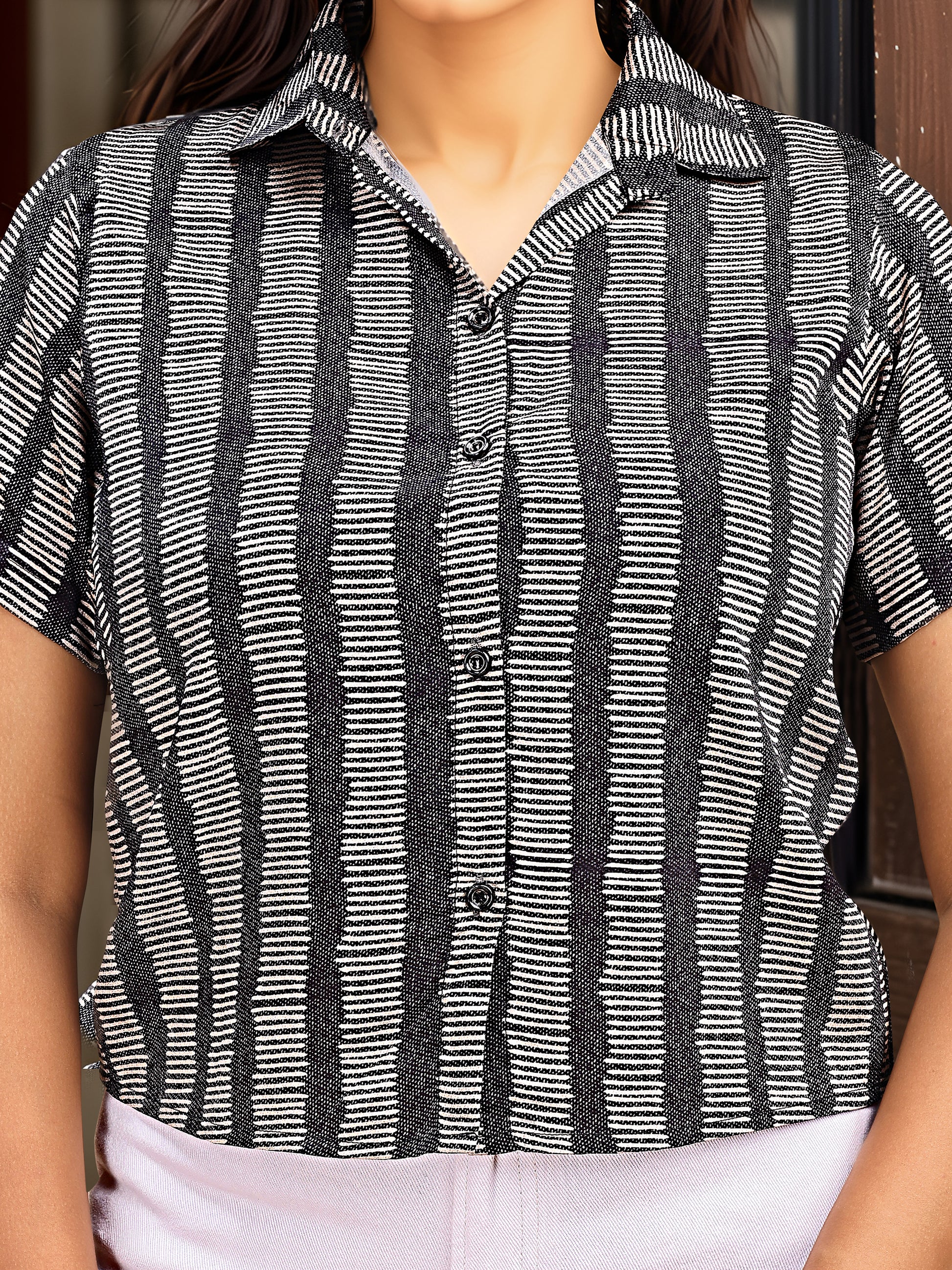 Hypnotex Position Digital Print With Position Crepe Shirt-Black - Dista
